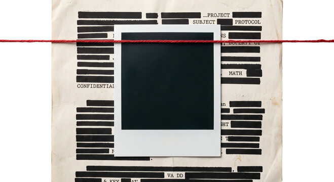 Vintage instant photo on redacted confidential document with red string