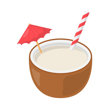 Coconut Drink with Umbrella and Straw Flat Illustration. Fresh Tropical Beverage Element Isolated on White Background