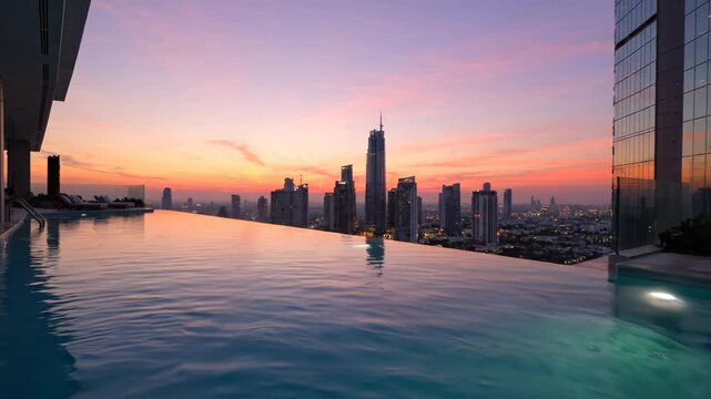Sunset over Dubai skyline from a luxury rooftop infinity pool with lounge chairs and modern high-rise buildings