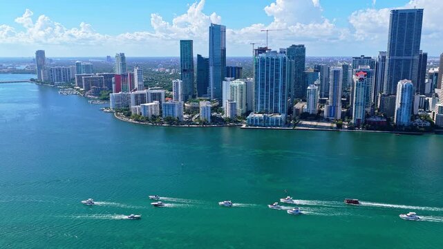 Aerial view. Aerial view of Miami cityscape skyscraper. City skyline aerial cityscape. Brickell Key downtown. Cityscape Miami downtown. Florida modern skyscraper in downtown Miami. Travel destination