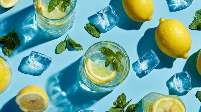 Refreshing lemon water arrangement with ice cubes and mint leaves on a blue pastel background, top-down view