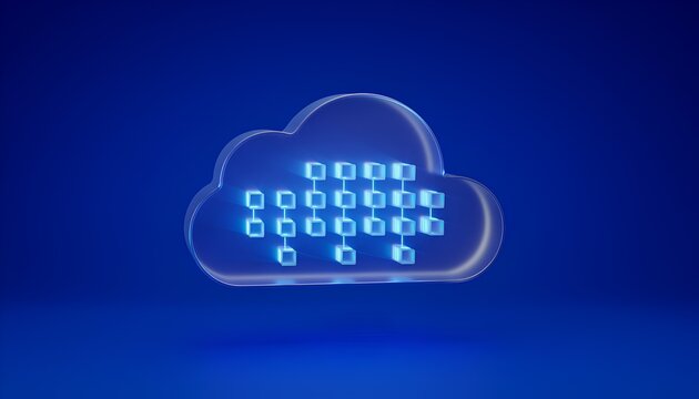 3D illustration of a premium cloud computing concept featuring a translucent glass cloud encasing glowing neon blue digital server nodes