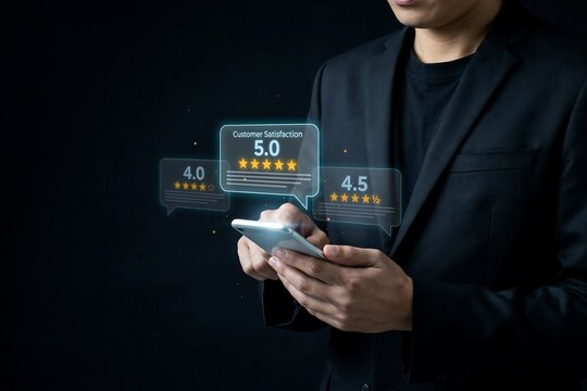 Businessman reviews customer satisfaction ratings on his phone, showing excellent 5-star feedback.