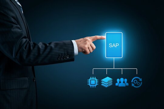 Businessman's hand pointing towards the sap icon on a futuristic digital interface connected to various business modules.