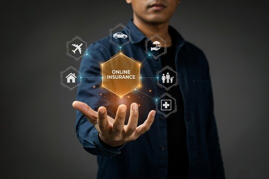 Person extends their hand with a glowing hexagonal icon for online insurance surrounded by various service icons.