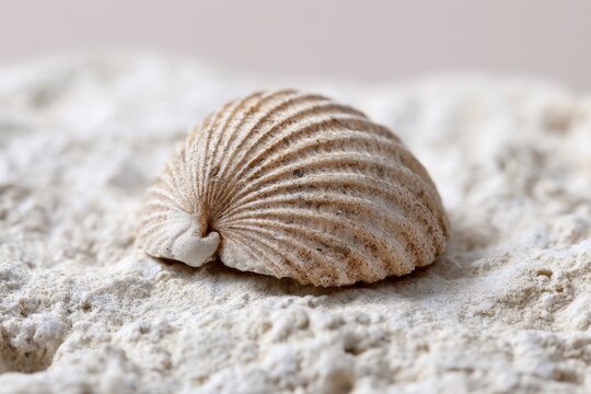 Educational macro image of a brachiopod fossil resting on neutral rock