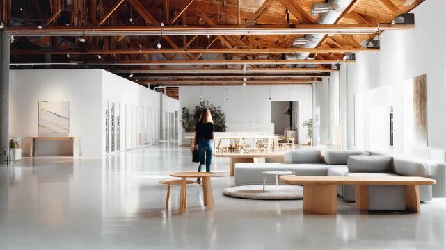 Spacious contemporary workspace with natural light, clean lines, and elegant decor creates an inspiring atmosphere. The scene captures a professional entering a creative, collaborative environment