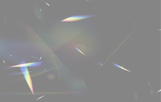 Scattered fragmented light beams with subtle prismatic rainbow colors on a deep black background on transparent background