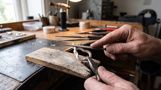A skilled male adult artisan jeweler filing and shaping a handcrafted silver ring at his workbench with specialized tools in a workshop