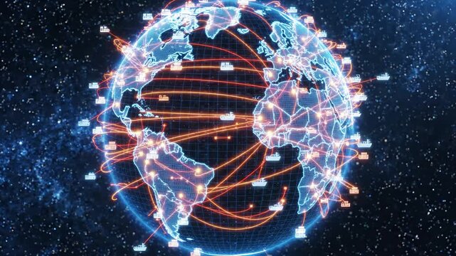 Glowing Digital Globe with Global Network Connections and Data Flow Animation