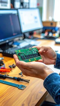 Engineer holding electronic circuit board in workshop, testing hardware development, repair, prototyping, research, innovation