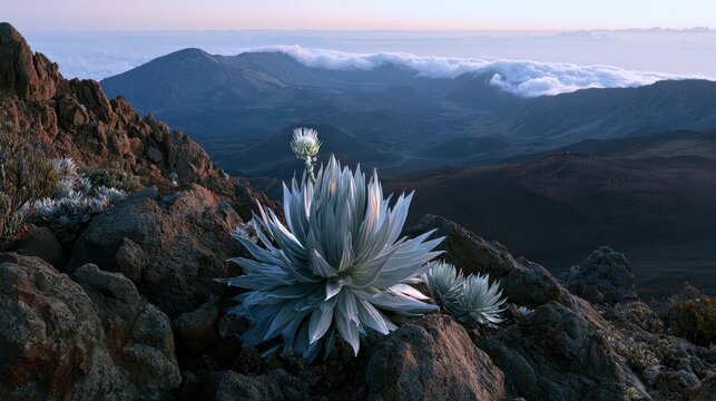 Endemic Silversword on a Volcanic Crater Ridge at Sunrise