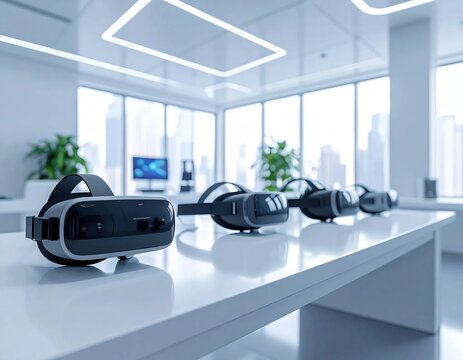 Row of virtual reality headsets arranged on a sleek modern office conference table, digital innovation, immersive technology, future workplace