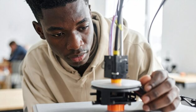Young man focusing on 3D printer calibration in modern workshop, engineering, prototyping, manufacturing, additive technology, STEM education