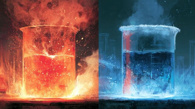 Exothermic and Endothermic Reactions: Dual-Panel Illustration Demonstrating Heat Release and Absorption