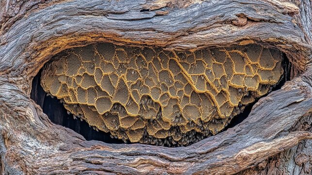 amphibole. A massive honeycomb structure hangs within a tree hollow, worker bees moving. wildlife magazines, conservation campaigns, designed for wildlife conservation campaigns.