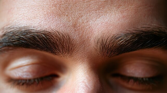 Facial close-up highlighting the unibrow, skin pores, and natural tone in a simple setting
