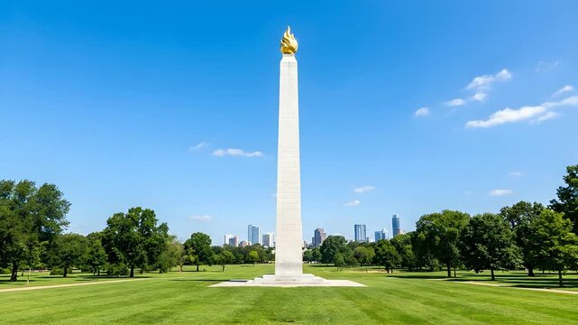 Large stone obelisk monument with a golden flame sculpture in a park.