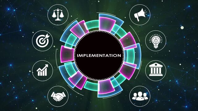 Business strategy implementation concept with glowing neon digital circular graphic.