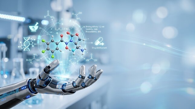Robotic hand holding a holographic molecular structure in a laboratory. of AI in pharmaceutical research, drug development, biotechnology, and future medical science innovation.