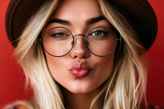 Fashion-forward kissy face portrait: blonde model with hat and glasses against red background