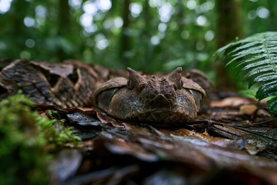 Female Gaboon Viper resting on leaf litter in a tropical forest floor