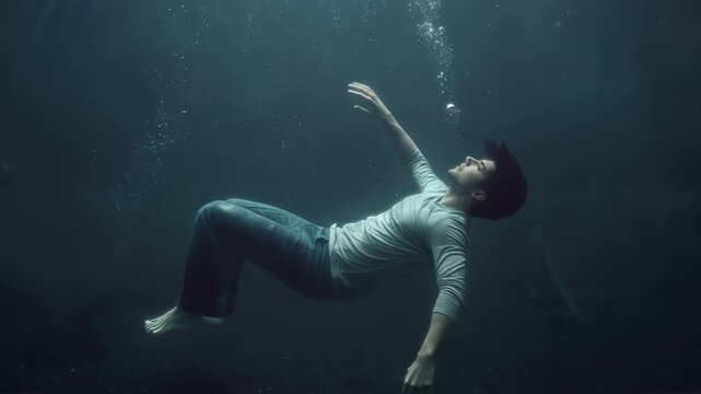 Young man floating weightless underwater in deep blue ocean. Lockdown wide shot.
