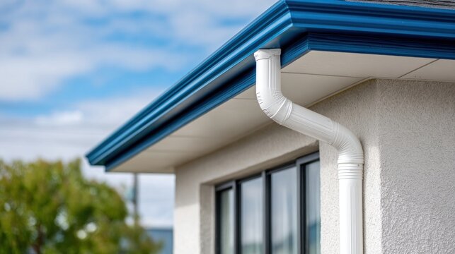 Modern house exterior with blue gutter and white downspout against sky