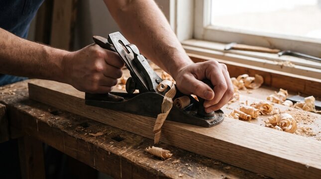 Close up of a male adult carpenter using a hand plane to smooth a wooden beam in his workshop surrounded by wood shavings representing craftsmanship and woodworking