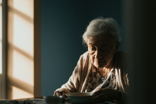 Frail elderly Asian woman at a dining table showing reduced appetite and subtle discomfort during a meal