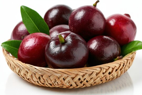 Fresh kokum cluster on white surface with purple skins and green leaves, shallow depth of field