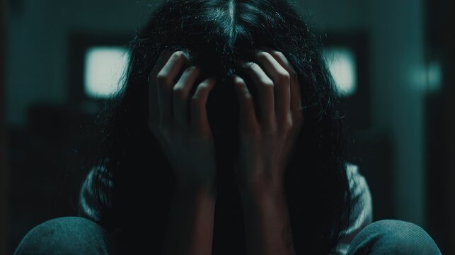 Woman hiding face in hands emotional distress in low light