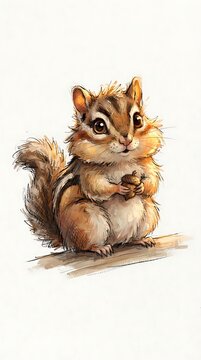 Cute chipmunk character sitting and holding a nut on white background