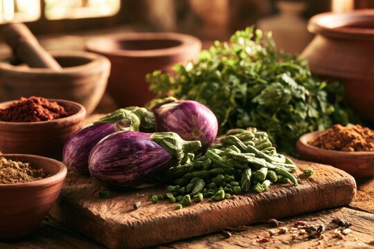Fresh purple brinjal with valor beans arranged for Gujarati Surti undhiyu recipe