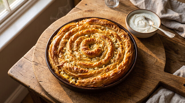 Balkan cheese pie, commonly known as Banitsa in Bulgaria or a spiral B&ouml;rek in Turkey and other Balkan regions.