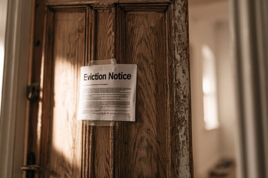 Front door with an official notice taped to the surface, wood grain and soft morning light