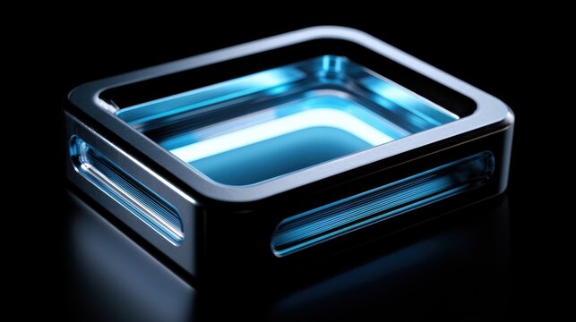 Futuristic rectangular frame emitting neon blue and white glow in darkness