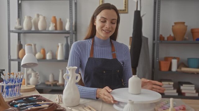 Woman shaping clay with hands on a pottery wheel in studio, gesturing while demonstrating technique; serenity creativity.