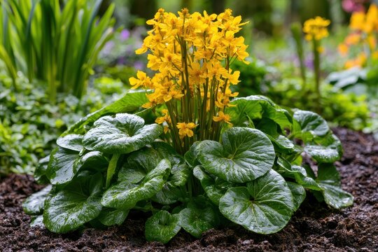Garden scene featuring Ligularia przewalskii with vibrant foliage and yellow blooms