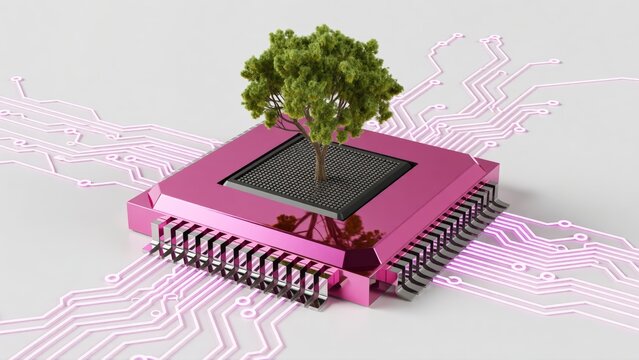 Green tree growing from a computer processor. Sustainable technology and eco-friendly IT concept.