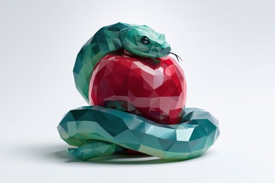 Geometric snake and apple: a faceted, colorful low-poly still life