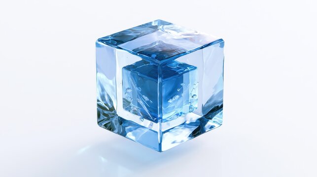 Glossy blue hypercube symbolizing the fifth dimension, rendered in CGI with drifting droplets
