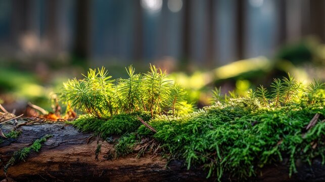 Close up of vibrant green moss growing on a fallen log in a forest