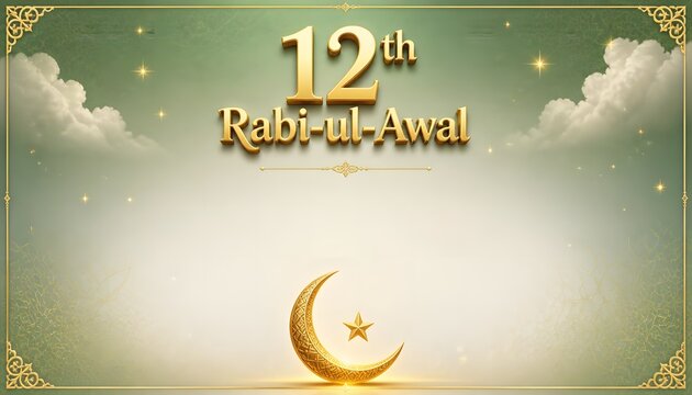 12th Rabi ul Awal Islamic celebration with crescent moon and star. Eid Milad un Nabi golden festival background for greeting cards and social media.