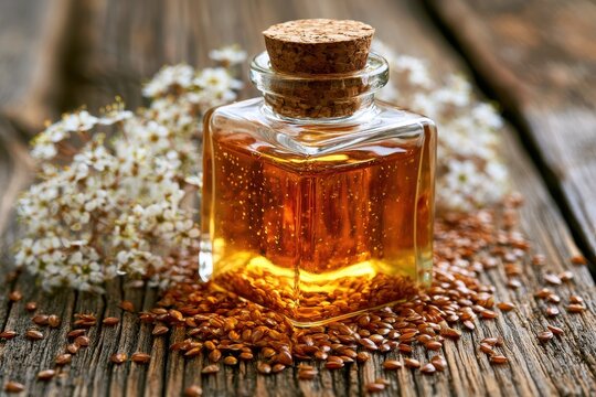 Golden camelina oil framed by seeds and white flowers on natural wood