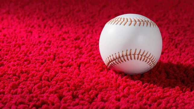 baseball. A new baseball resting on a vibrant red track with shallow depth of field. event key visuals, club posters, designed for sports event promotions and stadium branding.