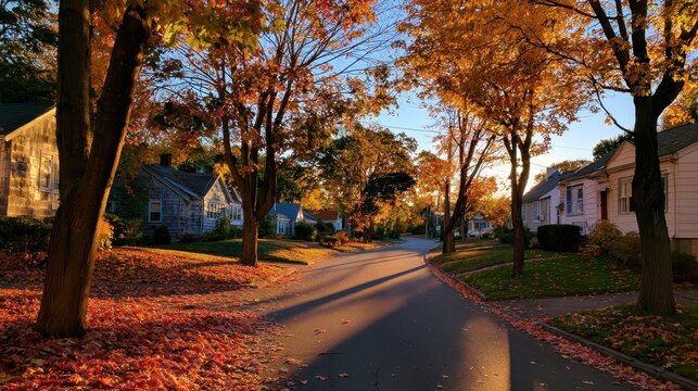 Golden hour on a peaceful residential road among autumn trees in Somerville outskirts