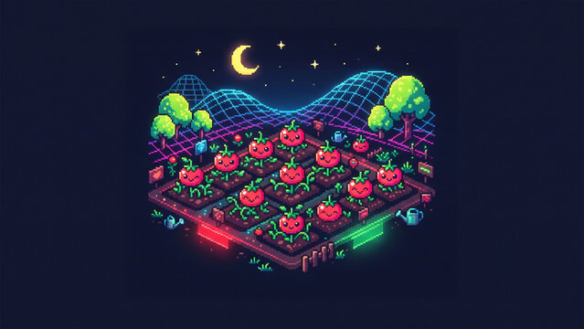 cyberpunk pixel art tomato farm at night