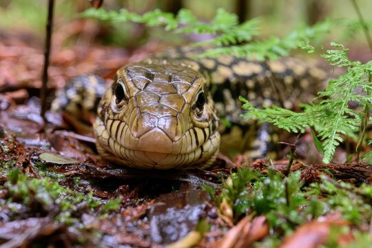 Golden tegu lizard basking on leaf litter in a sunlit forest floor