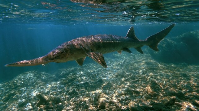 Graceful paddlefish gliding through a sunlit freshwater river